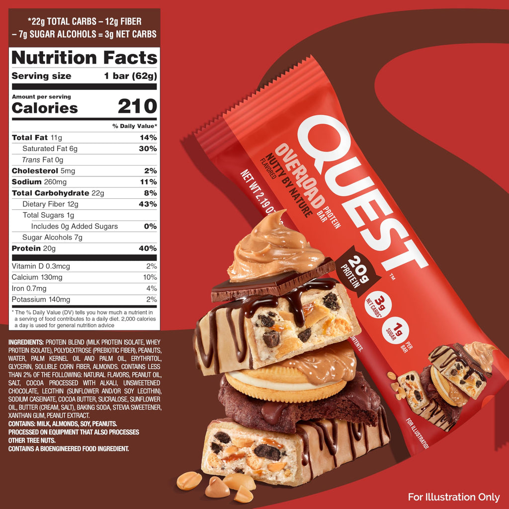 Quest Nutrition Overload Protein Bars, Nutty by Nature Flavored Protein Bars, 20g Protein, 1g Sugar, 3g Net Carbs, Gluten Free, 12 Count