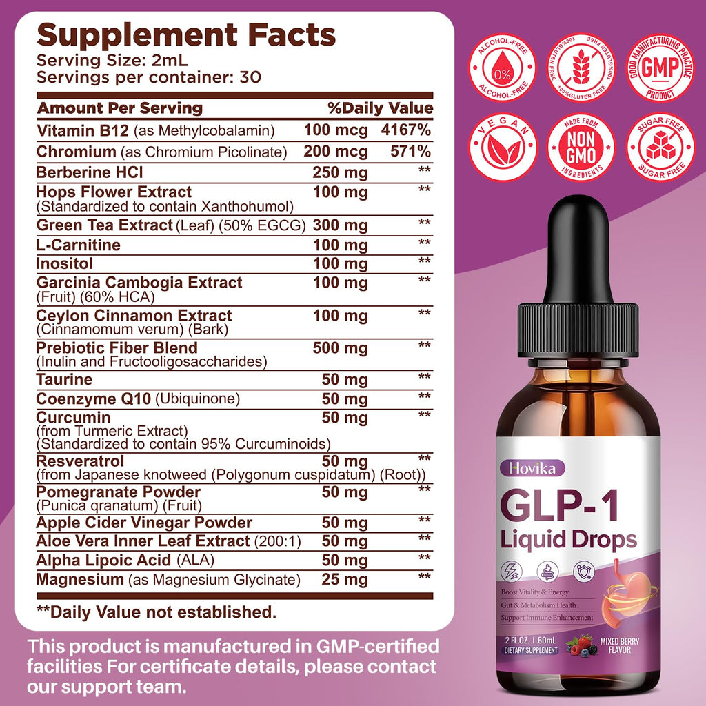 GLP-1 Supplement, GLP-1 Support Liquid Drops with Berberine, Chromium, Ceylon Cinnamon, Green Tea & Hops Flower Extract, GLP-1 Supplement for Gut & Metabolism Health, Vegan, Mixed Berry Flavor 2 Fl Oz