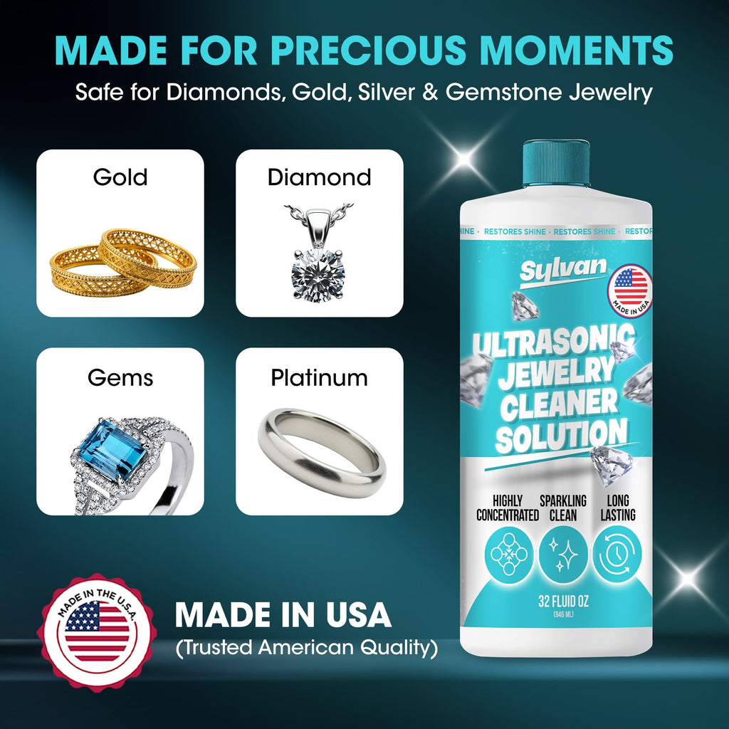 Sylvan Hills Ultrasonic Jewelry Cleaner Solution Concentrate + Free Cloth | 500+ Uses | 32 Oz | Made in The USA | Compatible with All Ultrasonic Cleaners | Cleaner Liquid | Rings, Necklaces & Eyewear