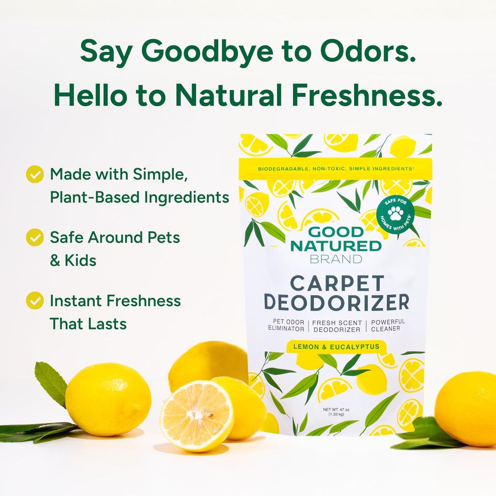 Good Natured Brand | Carpet Deodorizer & Freshener Powder | 47 oz Pet Odor Eliminator for Strong Odor & Pet Urine | Fresh Natural Lemon & Eucalyptus Scent | Safe for Homes with Pets