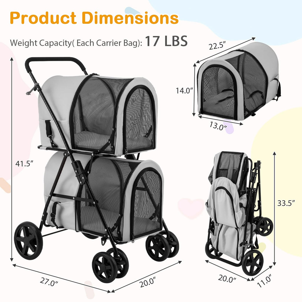 Giantex Double Pet Stroller with 2 Detachable Carrier Bags, Safety Belt, 4 Lockable Wheels, Folding Cat & Dog Stroller for Small Medium Pets, Cats Dogs Puppy Travel Strolling Cart (Gray)