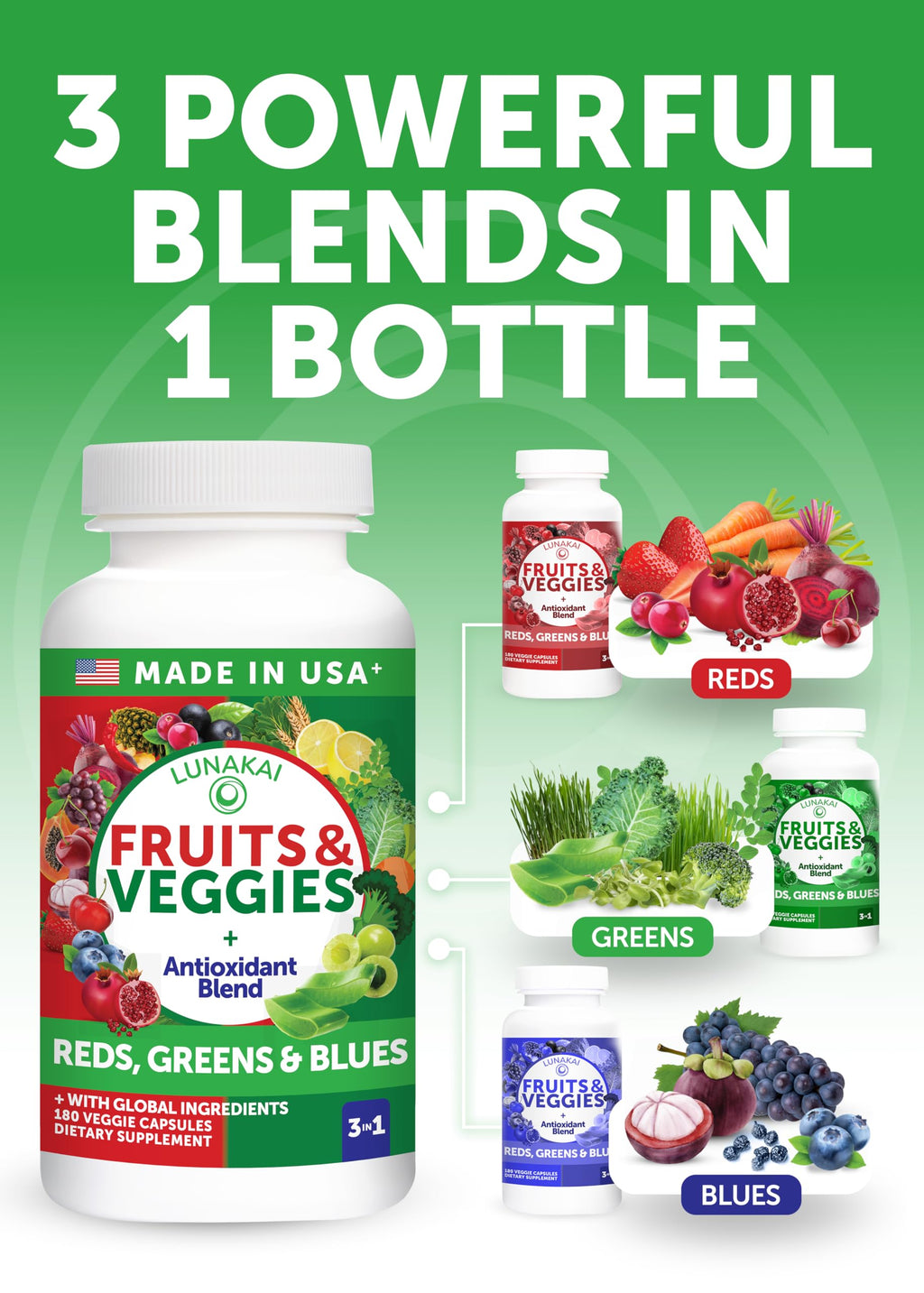 Lunakai USA Made Superfood Fruits & Veggies Supplement - All-in-One with 4 Blends & Scented Capsules, 180ct Super Veggie Capsules for Adults