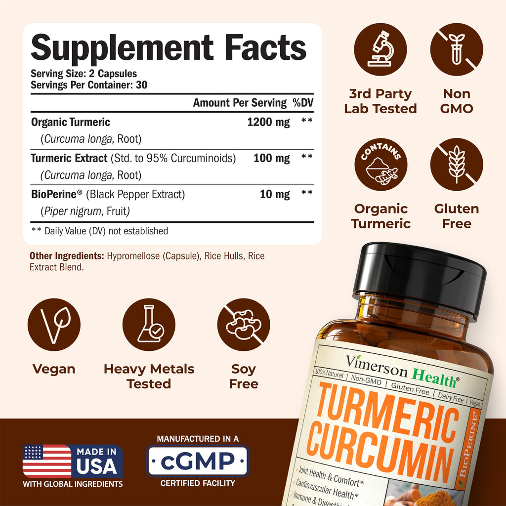 Turmeric Curcumin Supplement with Black Pepper Extract - High Potency Organic Turmeric 1200mg & 95% Curcuminoids for Joint & Digestive Health - Joint Support Supplement - 60 Vegan Curcuma Capsules