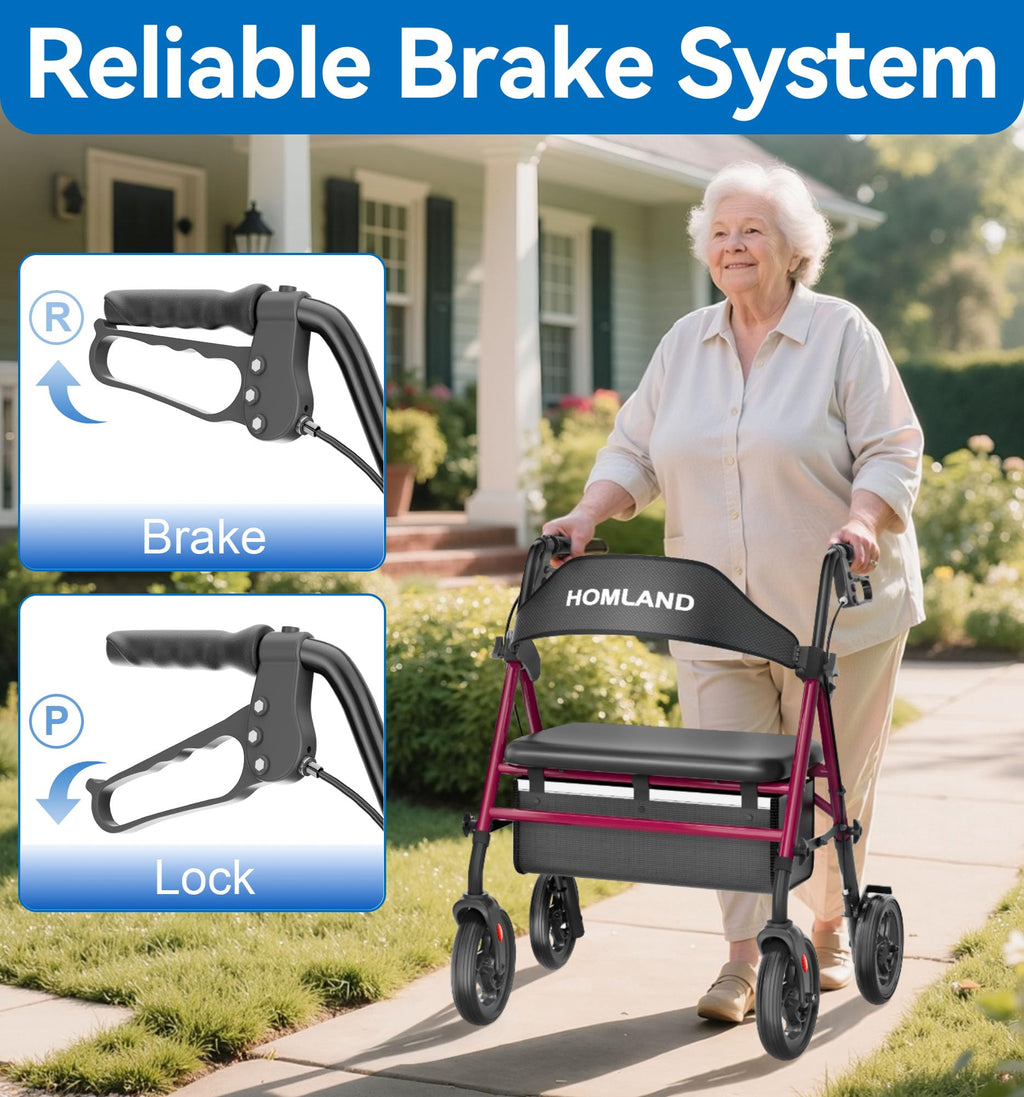 HOMLAND Bariatric Walkers for Seniors, 500lb Heavy Duty Rollator Walker with Extra Wide Padded Seat, 8” All Terrain Foldable Rolling Walker with Dual-Height Adjustable