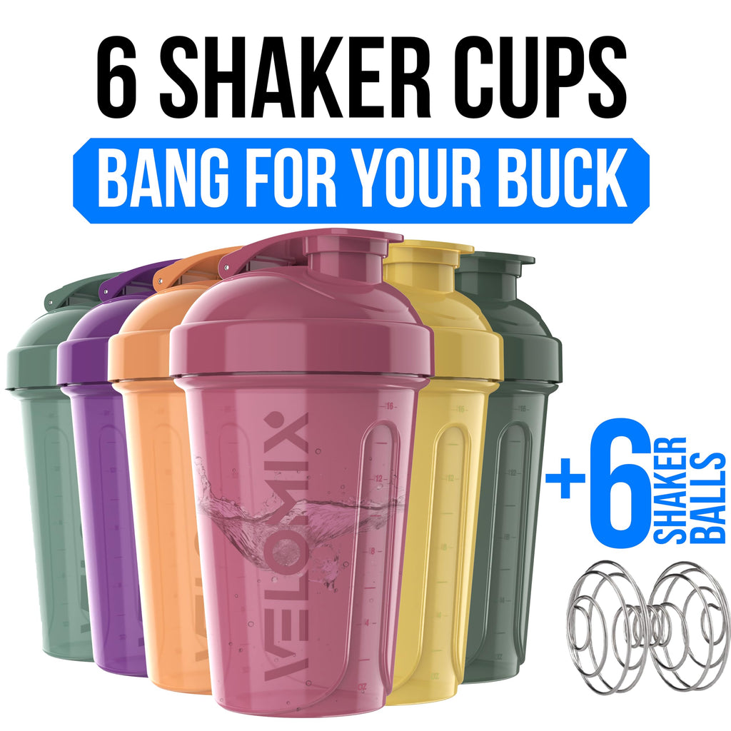 VELOMIX -6 PACK- 20 oz Protein Shaker Bottle for Protein Mixes - 6x Wire Whisk | Leak Proof Shaker Cups for Protein Shakes | Stackable Protein Shaker Bottle Pack | Dishwasher Safe (Nature Tones)