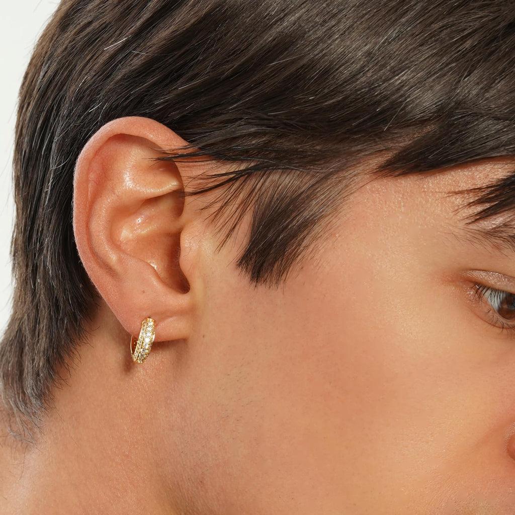 TOPGRILLZ Iced Out Hoop Earrings Cubic Zirconia Huggie Cartilage Cuff Hypoallergenic 14K Gold Plated Luxury Fashion Round Circle Earrings For Men Women-18Gold