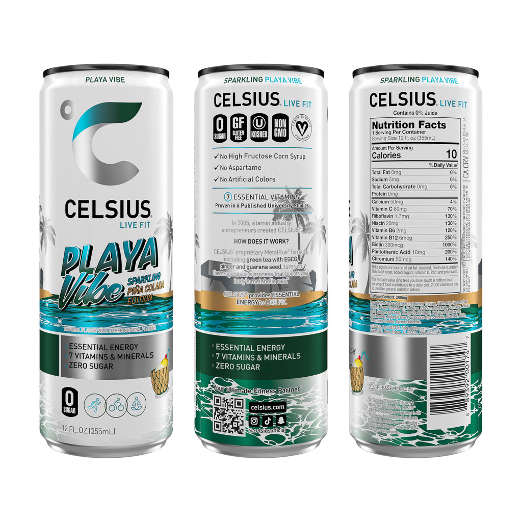 CELSIUS PLAYA VIBE Sparkling Pina Colada, Sugar Free Energy Drink, 12 Fl Oz (Pack of 12)