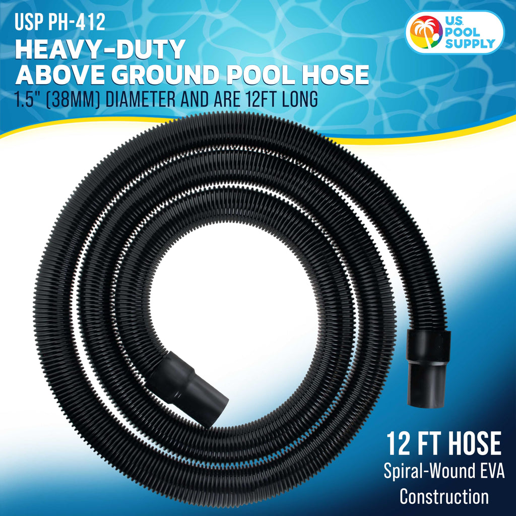 U.S. Pool Supply 12 Foot Heavy-Duty Above Ground Pool Hose, 1.5" - Black Replacement Filter Connecting Hose, Flexible Spiral Wound EVA - Compatible with Intex for Pool Filter Pumps -Skimmer Pump