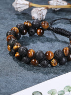 Jovivi 4pcs Mens Lava Rock Stone Essential Oil Bracelet Tiger Eye Agate Beads Double Layer Bracelets Macrame Adjustable Braided