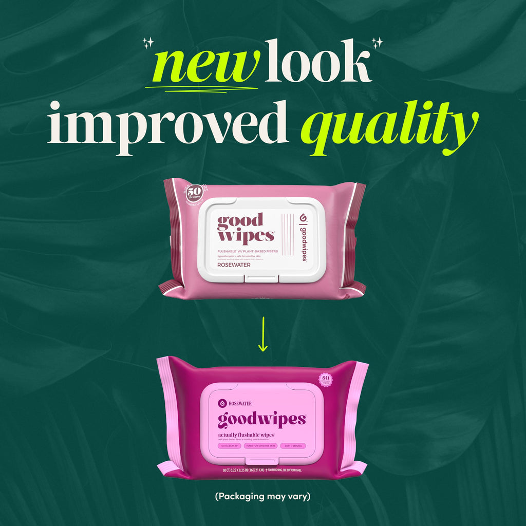 goodwipes Flushable Butt Wipes - Vitamin E & Aloe - Sewer & Septic Safe - Extra Large Adult Wet Wipes For Women & Men - Bathroom Essentials - Rosewater, 318 Count (6 Packs + 1 Travel)