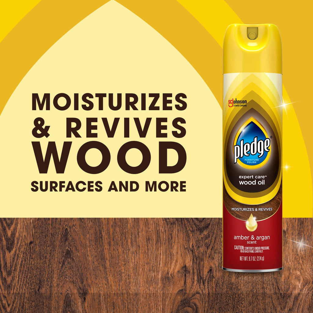 Pledge Moisturizing Wood Oil, Furniture Reviving & Protecting Conditioner and Dusting Spray, Revitalizes Wood, Sealed Leather & Laminate, Made with Mineral Oils - Amber & Argan Scent, 9.7oz, Pack of 3