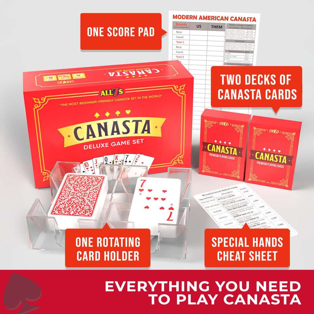 All7s Deluxe Canasta Game Set for Adults & Seniors, Jumbo Index Large Print Cards, Rotating Tray, Scorepad, Classic Playing Card Game, Gift for Families & Grandma