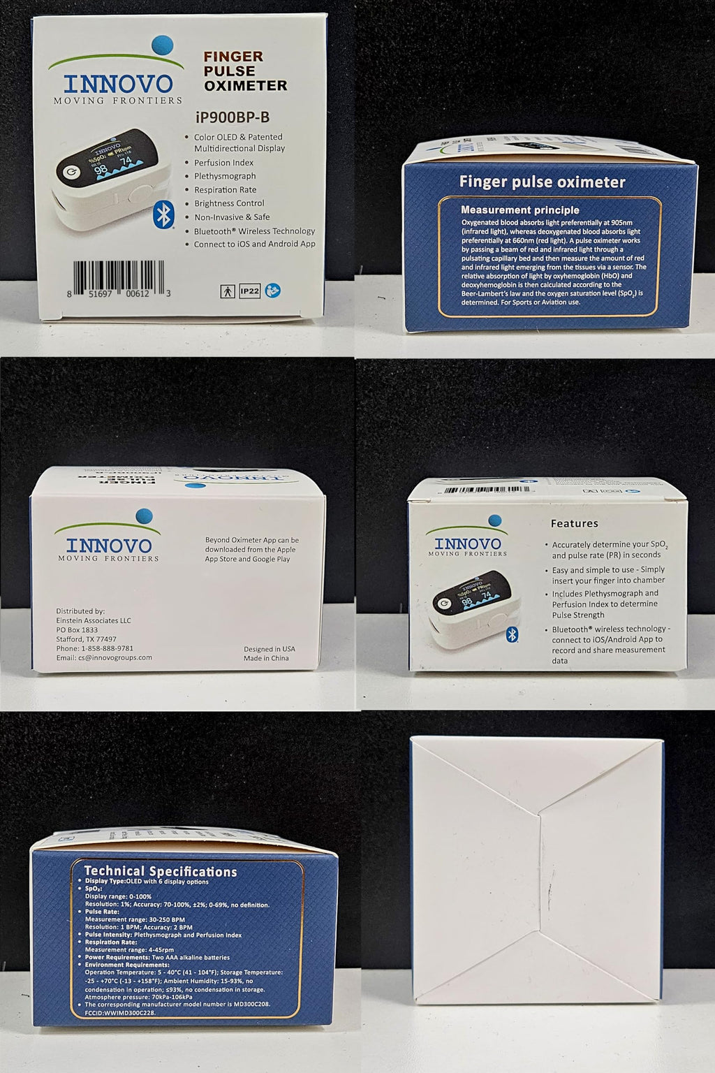 Innovo iP900BP-B Fingertip Pulse Oximeter, Blood Oxygen Monitor with Free App, Plethysmograph, and Perfusion Index (with Bluetooth)