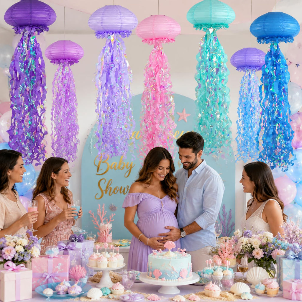 ADLKGG 6-Pack Jellyfish Paper Lanterns, Blue Purple Pink Under The Sea Party Decorations, Mermaid Birthday Decorations, Ocean Themed Baby Shower, 10" Jellyfish Lamp for Classroom Decor Pool Party