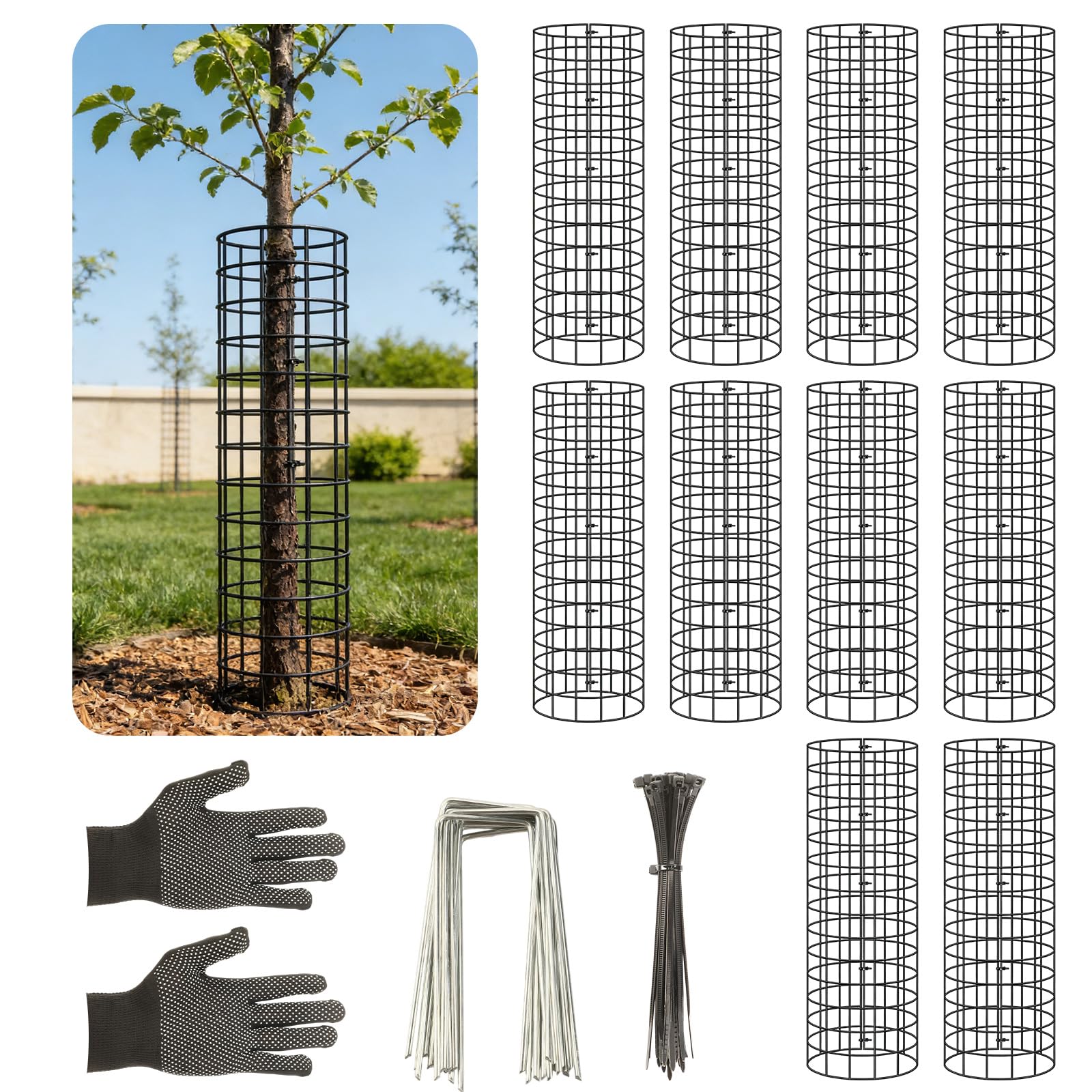 Augshy 10-Pack Tree Trunk Protectors, 17 × 13 Inch Expandable Metal Guard