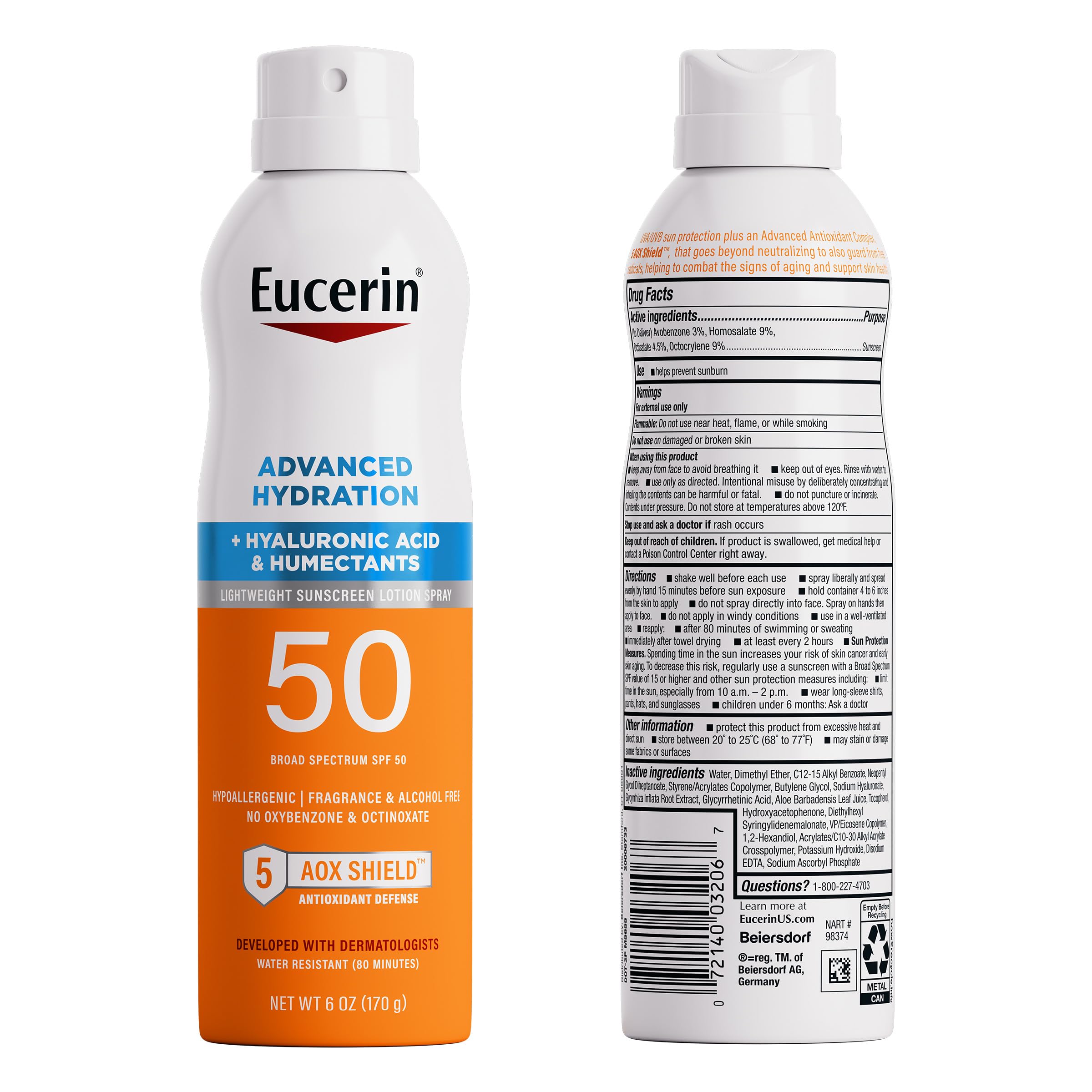 Eucerin Advanced Hydration SPF 50 Sunscreen Spray, Lightweight Spray Sunscreen with Hyaluronic Acid and Humectants, Hypoallergenic, Fragrance and Alcohol Free, 6 Oz Bottle