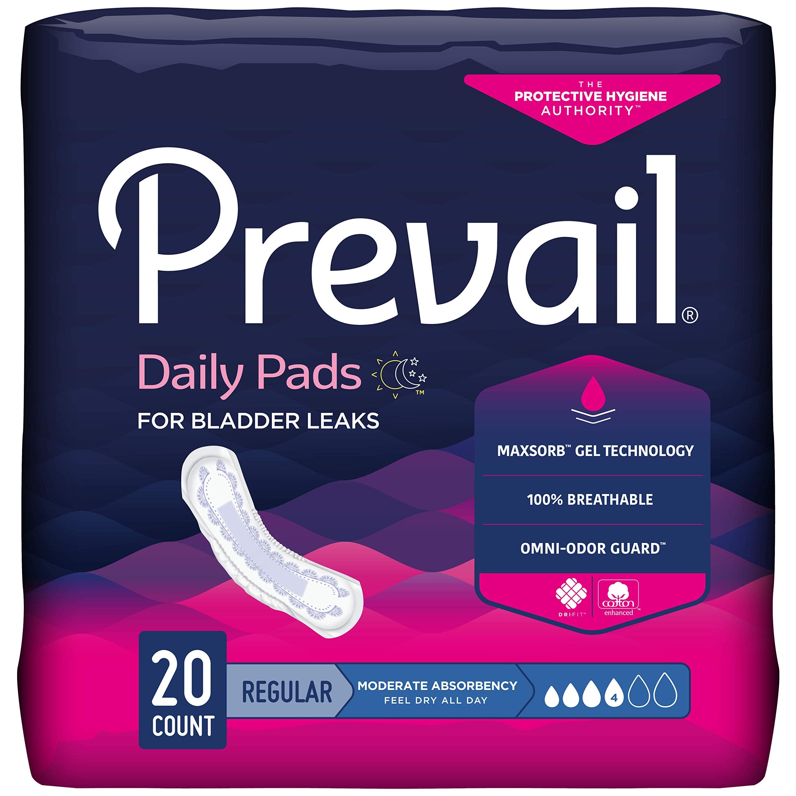 Prevail Incontinence Bladder Control Pads for Women, Moderate Absorbency, Regular Length, 180 Count (packaging may vary)
