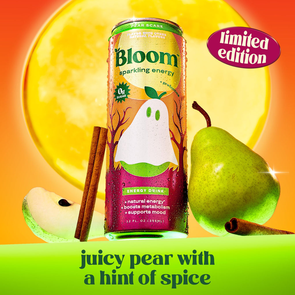 Bloom Nutrition Zero Sugar Energy Drink, Pear Scare, 12oz 12pk