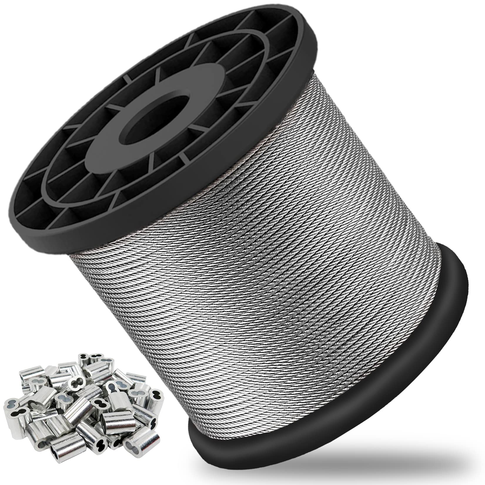 1/16 Wire Rope, 600FT 304 Stainless Steel Cable with 200Pcs Crimp Sleeves, Aircraft Grade, 7x7 Strand, 368lbs Breaking Strength, for Garden Trellis, Clothesline, Railing,Trellis