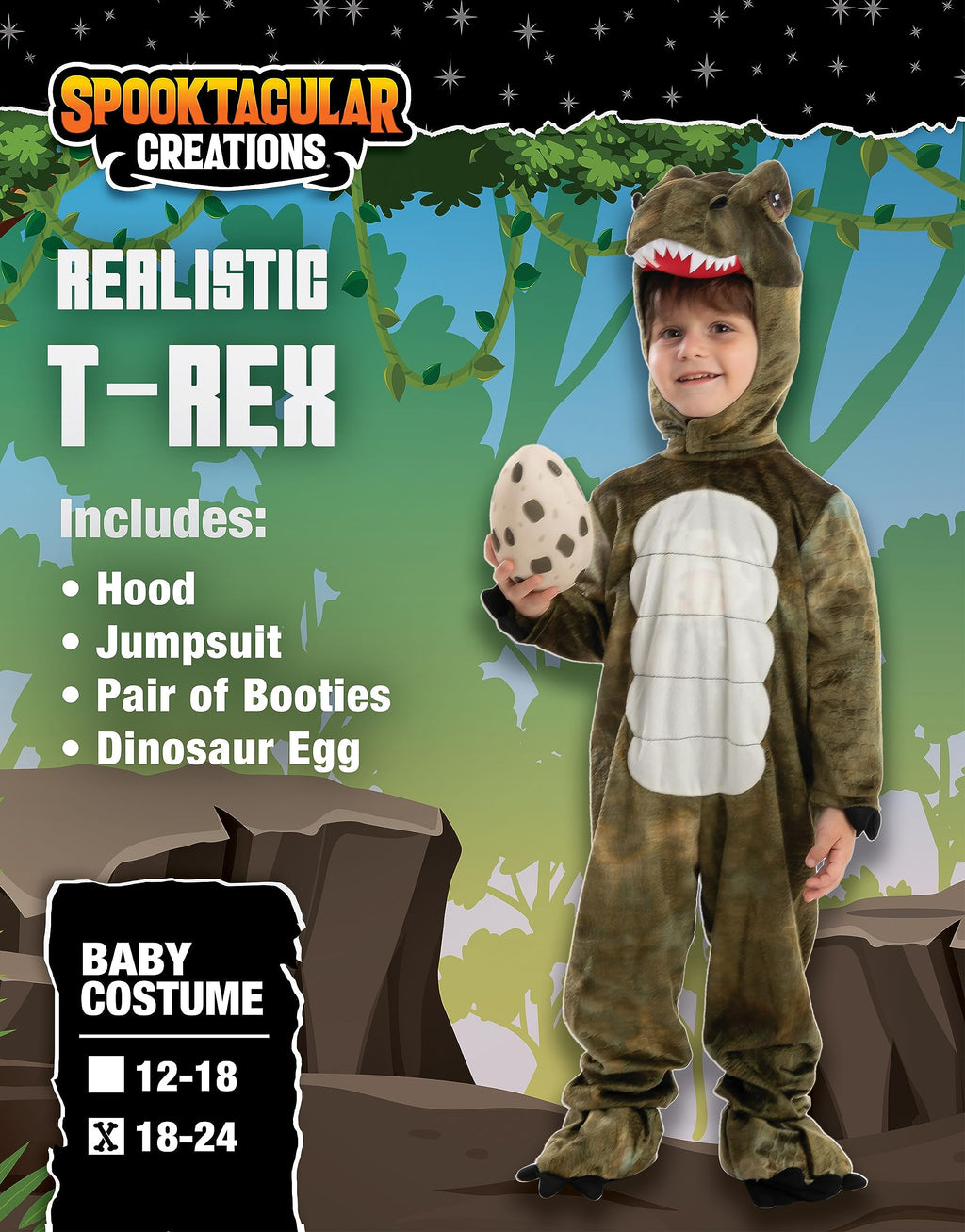 Spooktacular Creations Halloween Realistic T.rex Costume Outfit Dinosaur Jumpsuit with Egg for Kids Toddler Dress-up Party