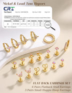 Kakonia Hypoallergenic Flat Back Earrings for Women Men Surgical Steel Earring for Sensitive Ears, 14K Gold Plated Stainless Steel Flatback Stud Hoop Cartilage Earring Stacks for Multiple Piercing G P