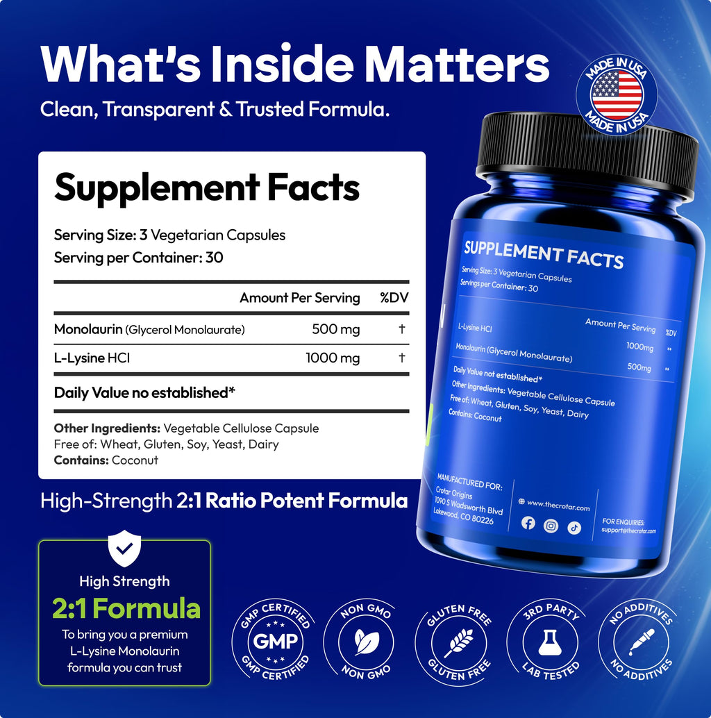 Crotar Lysine 1000mg Capsules with Monolaurin | Immune Support Supplement + Lip, Skin Support | Dual Action Essential Amino Acid Formula | Monolaurin and Lysine Supplement | 90 Capsules