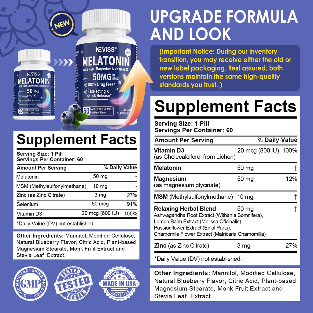 NEVISS Melatonin 50 mg for Adults - Extra Strength 9-in-1 Fast Dissolve Sublingual - High Dose with Magnesium Glycinate, Vitamin D3, Ashwagandha, Lemon Balm, Chamomile, Sugar Free,Vegan 120 Tablets