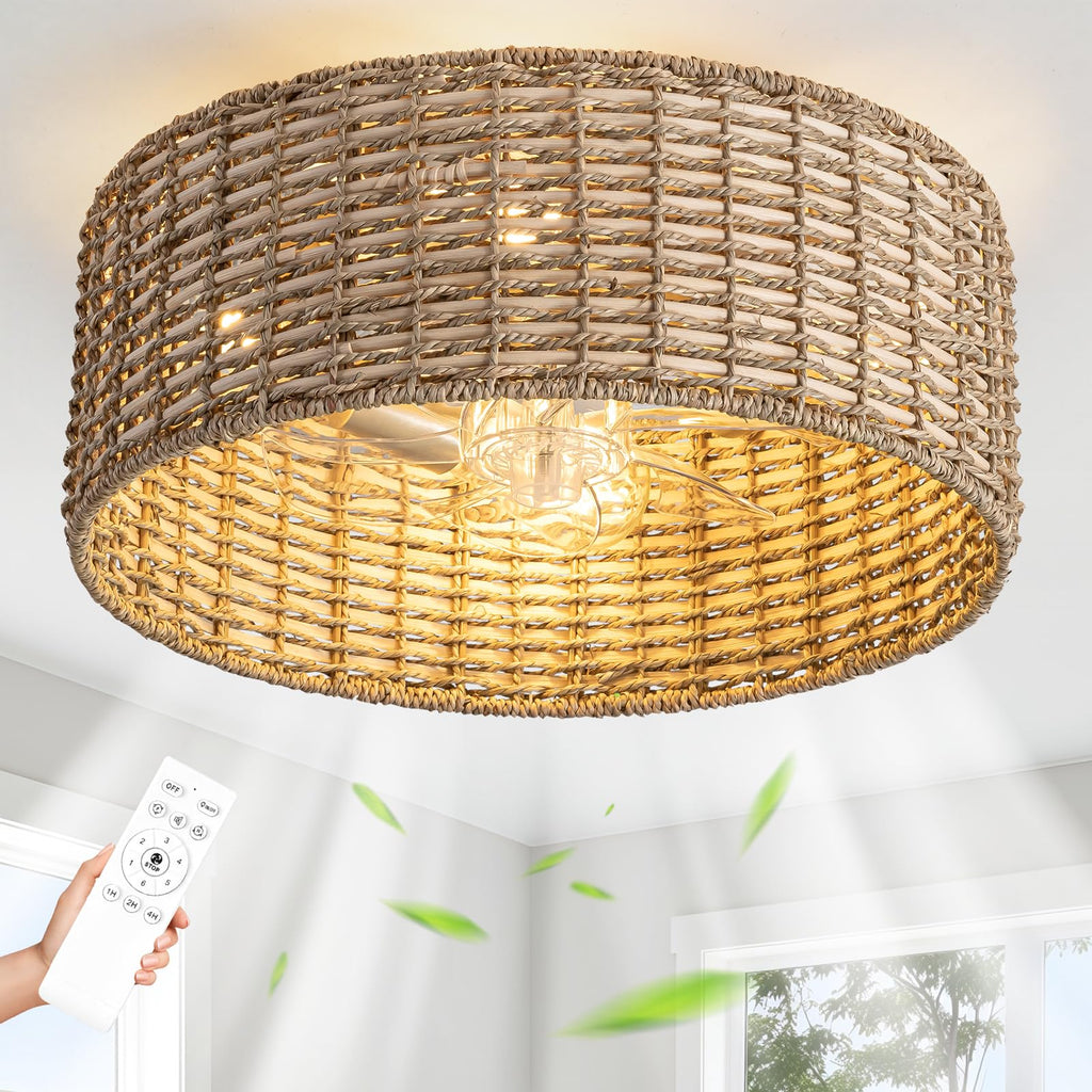 DARYEWO Handwoven Boho Rattan Ceiling Fan with Light,Flush Mount Caged Ceiling Fans with Lights and Remote Control,Low Profile Enclosed 6 Speeds Fandelier for Bedroom Living Dining Room,4-Light
