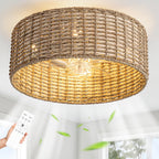 DARYEWO Handwoven Boho Rattan Ceiling Fan with Light,Flush Mount Caged Ceiling Fans with Lights and Remote Control,Low Profile Enclosed 6 Speeds Fandelier for Bedroom Living Dining Room,4-Light