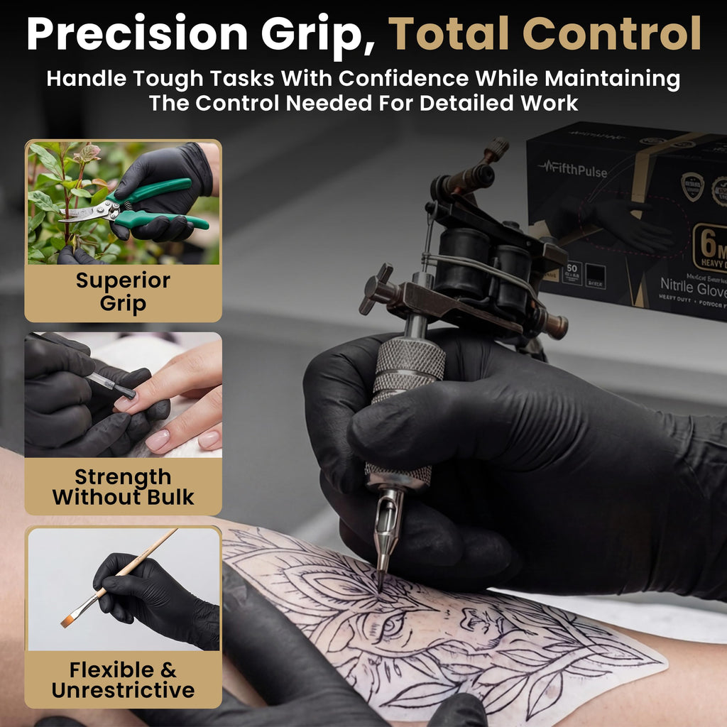FifthPulse 6 Mil Black Nitrile Gloves Medium, 200 Count Heavy-Duty Disposable Gloves for Mechanics, Food Prep, and Medical Use - Powder-Free, Latex-Free, Extra Thick & Puncture-Resistant Rubber Glove