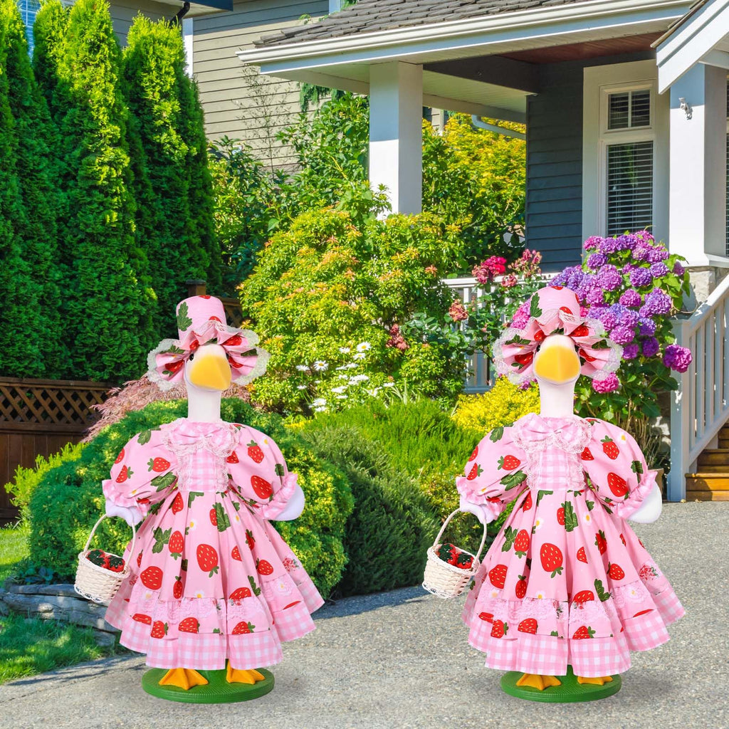 Strawberry Porch Goose Outfits Summer Lolita Goose Outfit Cute Lawn Goose Clothes with Hat Basket Strawberry Geese Accessories Fits 23" Cement Plastic Goose Statue for Outdoor Garden Yard Patio Decor
