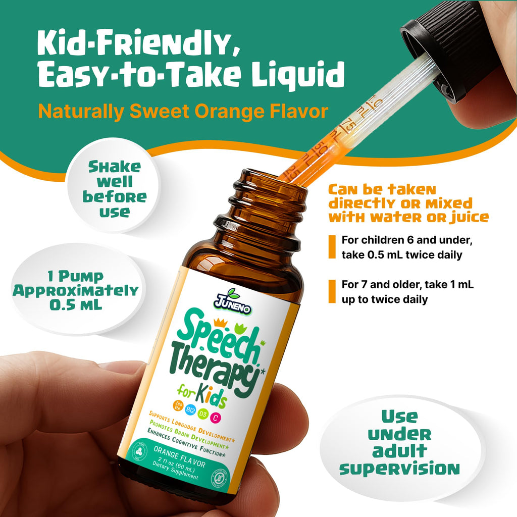 Juneno Speech Therapy Drops - Support Supplement for Kids with Communication Delay Language Brain Development Cognitive Function - Zeolite Vitamins B12 D3 C for Daily Wellness - Sugar Free Gluten-free