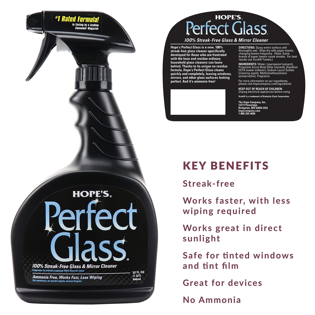 HOPE'S Perfect Glass Cleaner Spray, Streak-Free, Ammonia-Free Window, Mirror, Screen, Tinted Glass, and Shower Door Cleaner, Indoor and Outdoor Glass Surfaces, 32 Fl Oz, Pack of 2