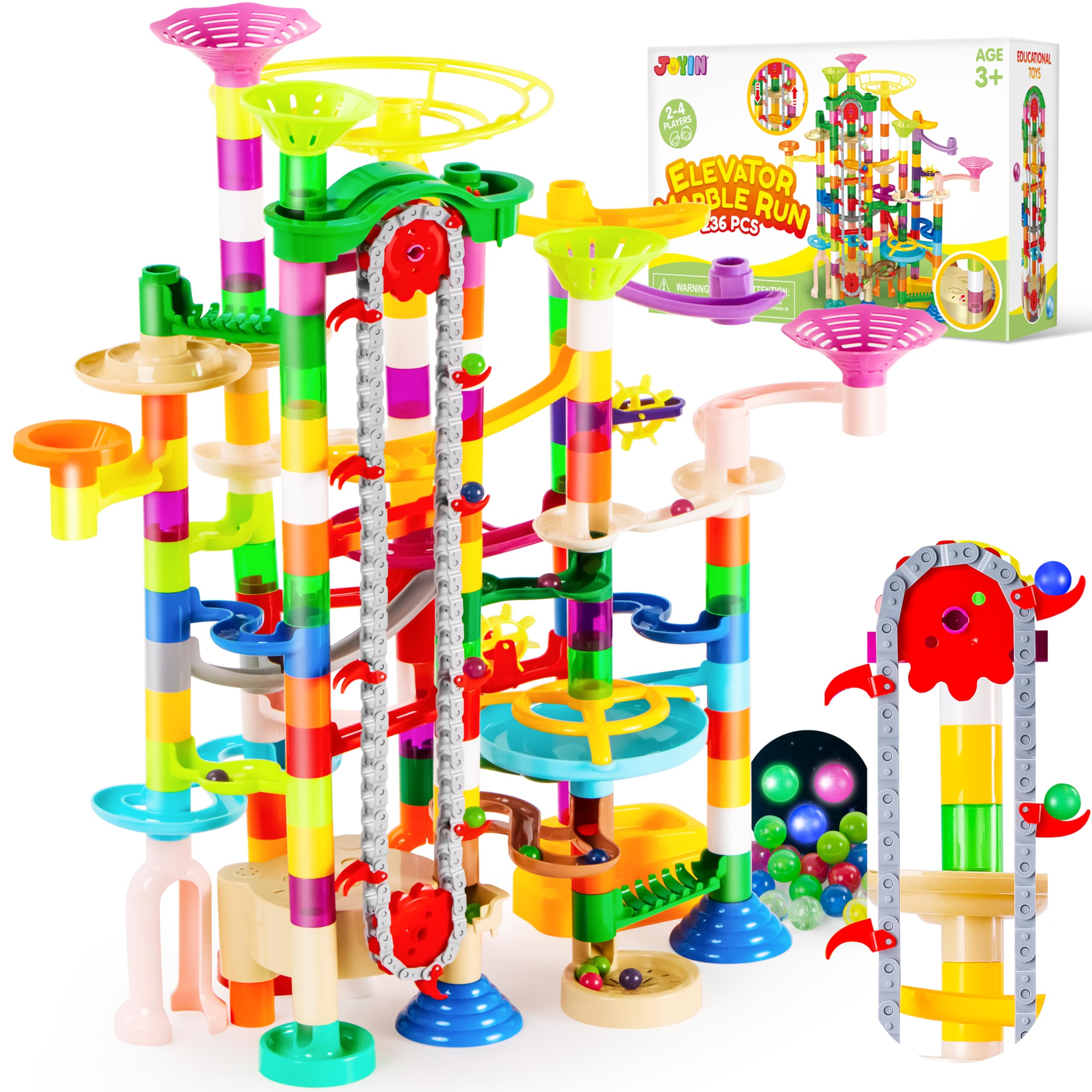 JOYIN 236Pcs Glowing Marble Run with Motorized Elevator- Construction Building Blocks Toys with 30 Glow in The Dark Plastic Marbles, Easter STEM Gifts for Boys and Girls