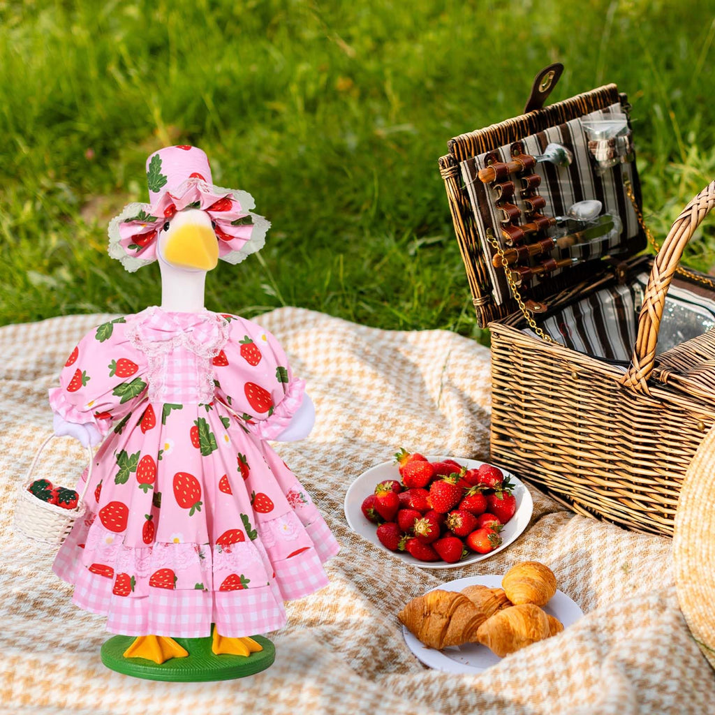 Strawberry Porch Goose Outfits Summer Lolita Goose Outfit Cute Lawn Goose Clothes with Hat Basket Strawberry Geese Accessories Fits 23" Cement Plastic Goose Statue for Outdoor Garden Yard Patio Decor