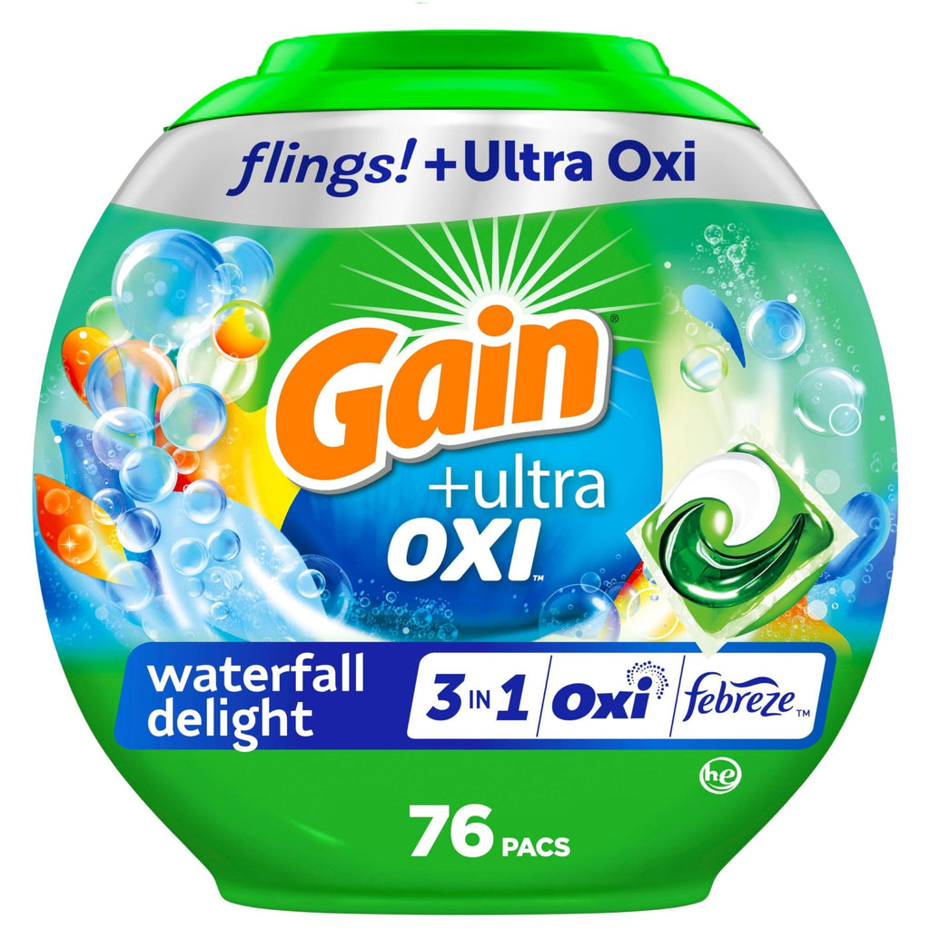 Gain Flings Ultra Oxi Laundry Detergent Pacs, 76 Count, Waterfall Delight Scent, with Odor Defense, Concentrated Laundry Soap Pacs