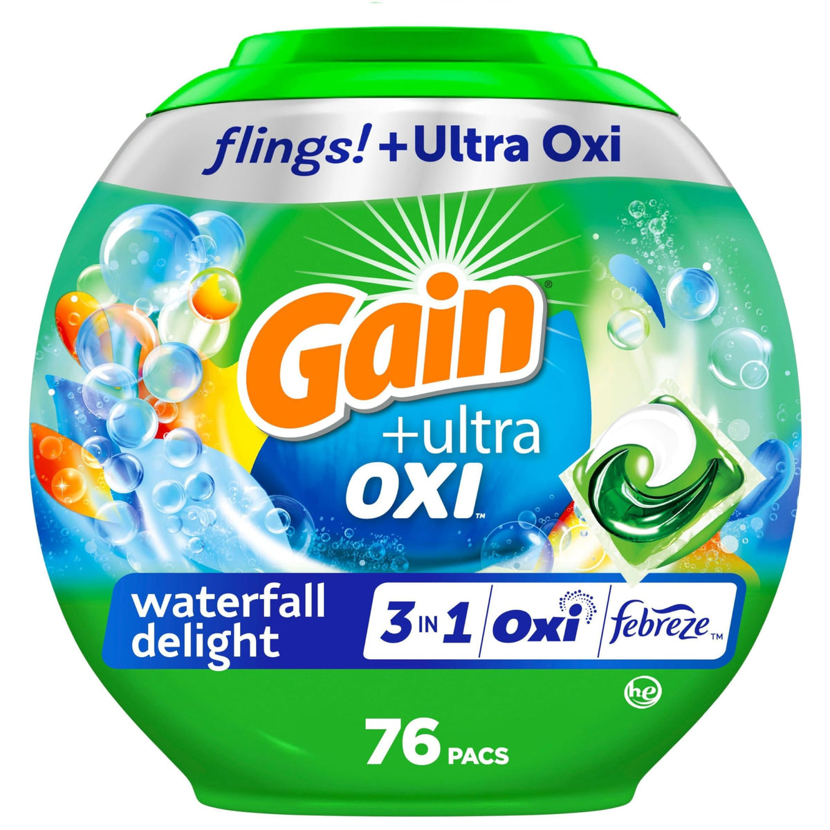 Gain Flings Ultra Oxi Laundry Detergent Pacs, 76 Count, Waterfall Delight Scent, with Odor Defense, Concentrated Laundry Soap Pacs