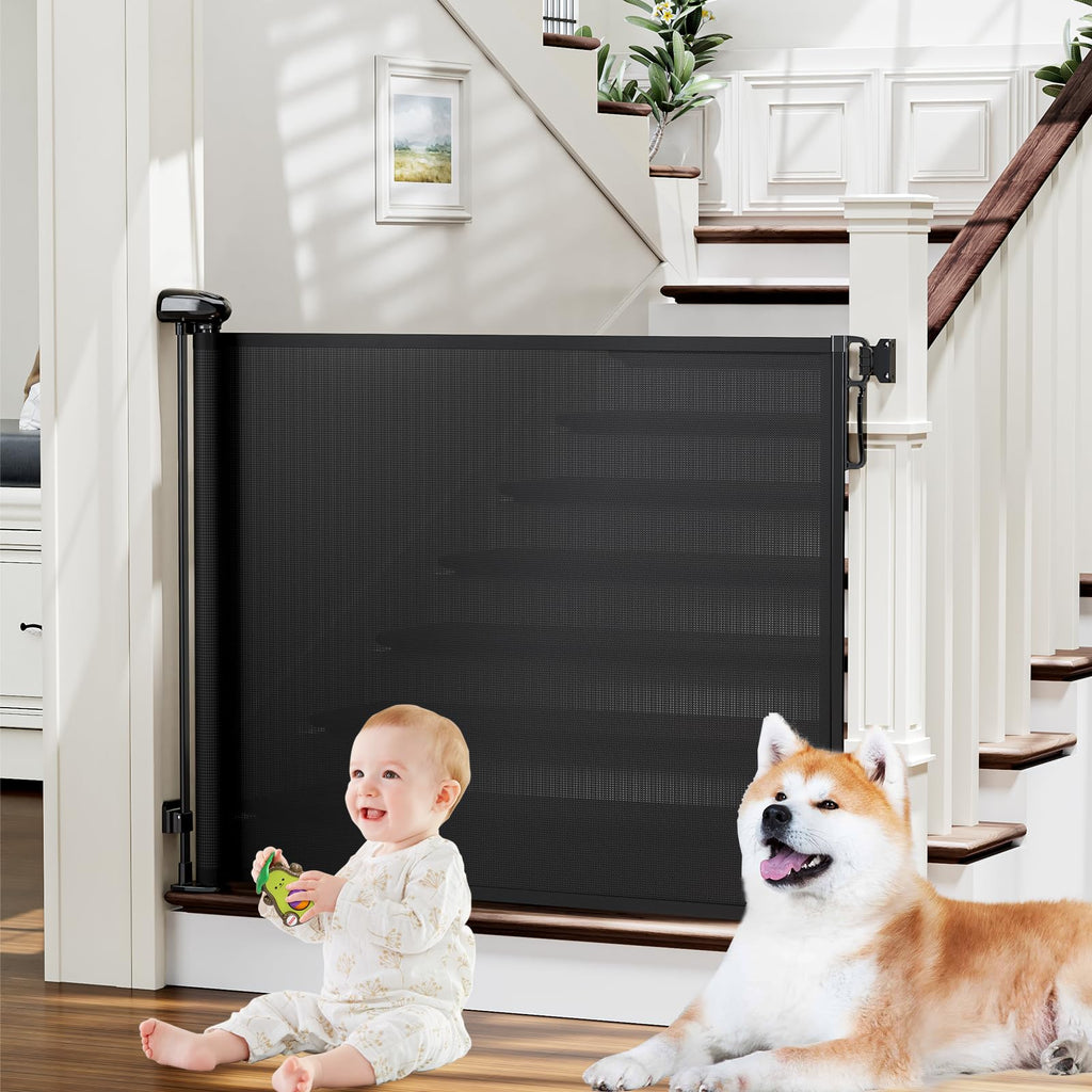 PRObebi Retractable Baby Gates for Stairs & Doorways, Dog Gate 0-54" W × 34" H, Black