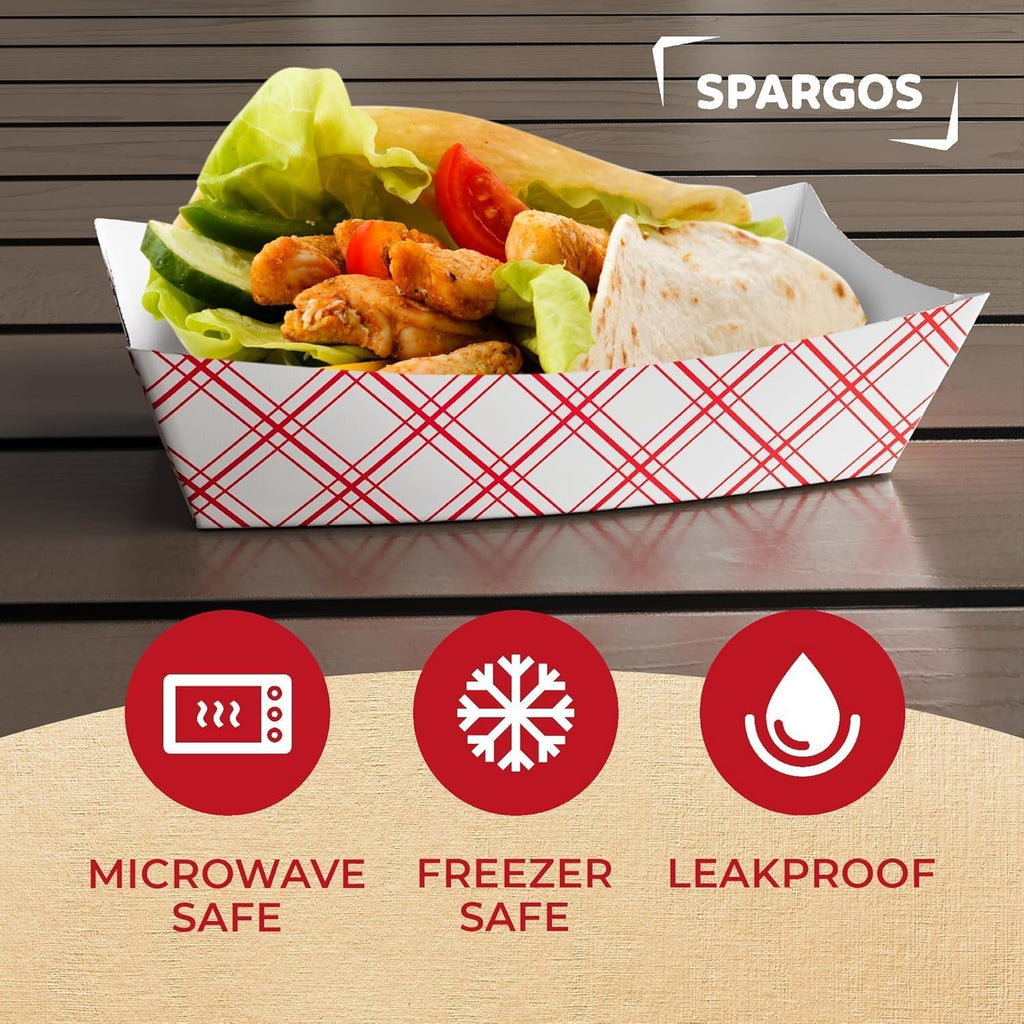 SPARGOS 3lb Paper Food Boats (125 Pack) – Red and White Checkered Nacho Trays for Parties – Disposable Hot Dog Boats & French Fry Holders – Grease Resistant Paper Food Trays for Movie Night & Picnics