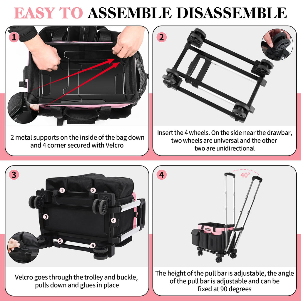 Chyaidach Rolling Cleaning Caddy, Cleaning Supplies Organizer with Trolley, Wearable Cleaning Tote Bag on Wheels with Hard Bottom, Cleaning Carts for Housekeepers/Home/Car/Office/Picnic (Pink)