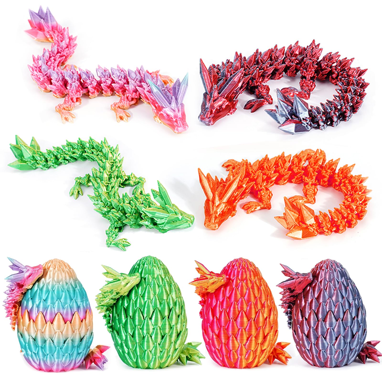 SHUWND 3D Printed Dragon Eggs with Dragons Inside – 4PCS Mini Articulated Baby Dragon Toys, Mystery Fidget Egg Set for Kids & Adults, Fantasy Desk Decor & Collectible Gifts