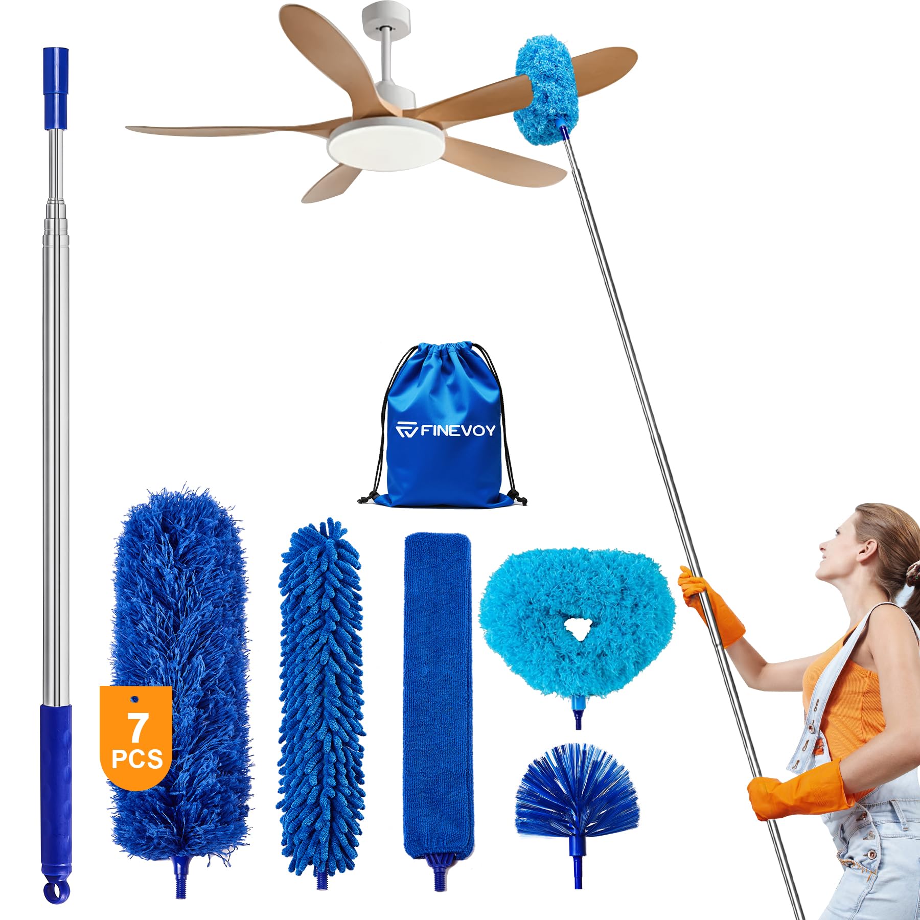 Dusters for Cleaning, Duster with Extension Pole 7 in 1 Kit, Ceiling Fan Cleaner Duster Cobweb Duster, Long Dusters for High Ceilings, Microfiber Dusters for Ceiling Fan, Blinds and Furniture