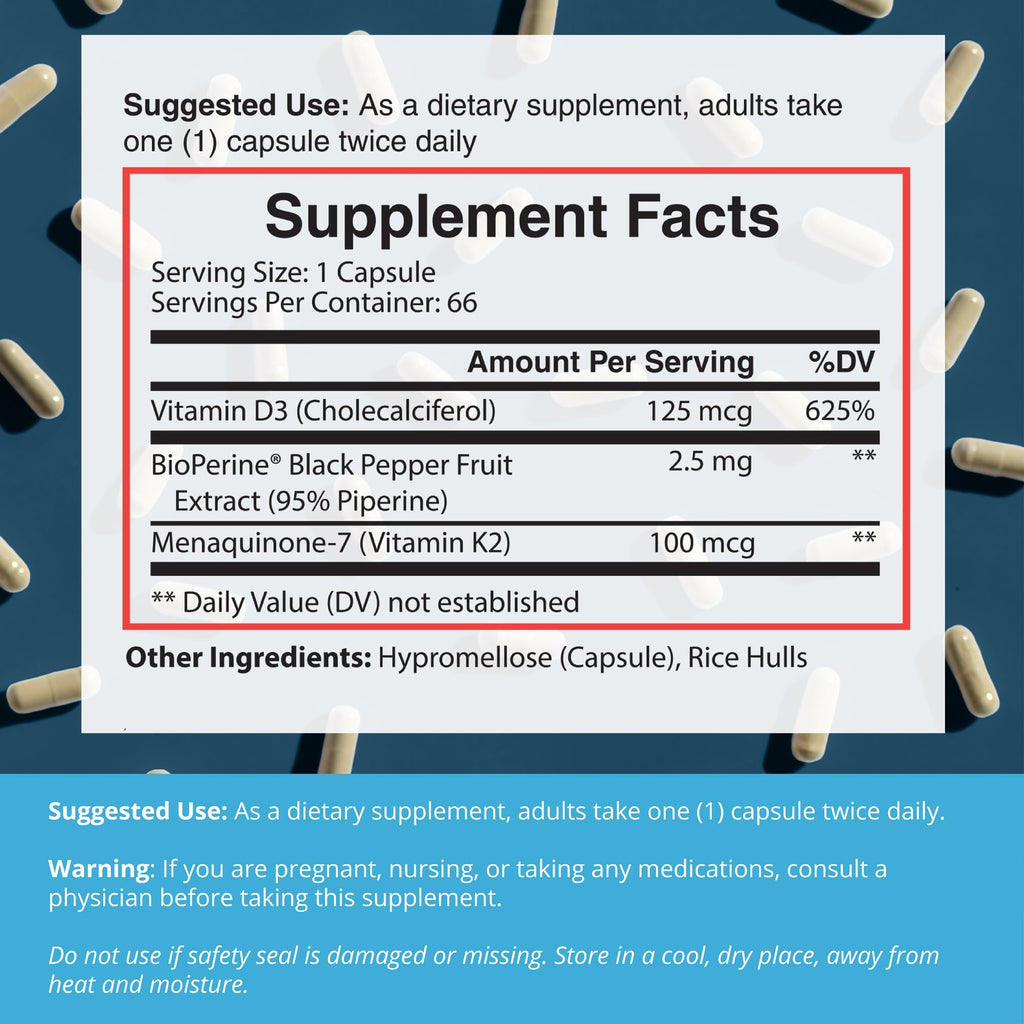 Dr. Boz - K2+D3 Capsules, 66 Servings - Vitamin D3 K2 Supplement with BioPerine - Bone & Heart Health - Enhanced Absorption - Quality Tested - Made in The USA - 5000iu (D3) - 400iu (K2) - Self Care