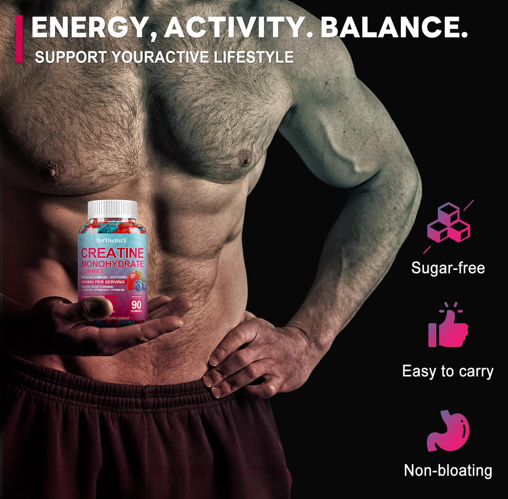 Creatine Monohydrate 8000mg Gummies with BCAA, L-Carnitine, Taurine & Vitamin B12 - Pre Workout Supplement for Muscle Growth, Strength & Energy, Multi-Flavor Chewable Gummies, 180 Count for Men Women