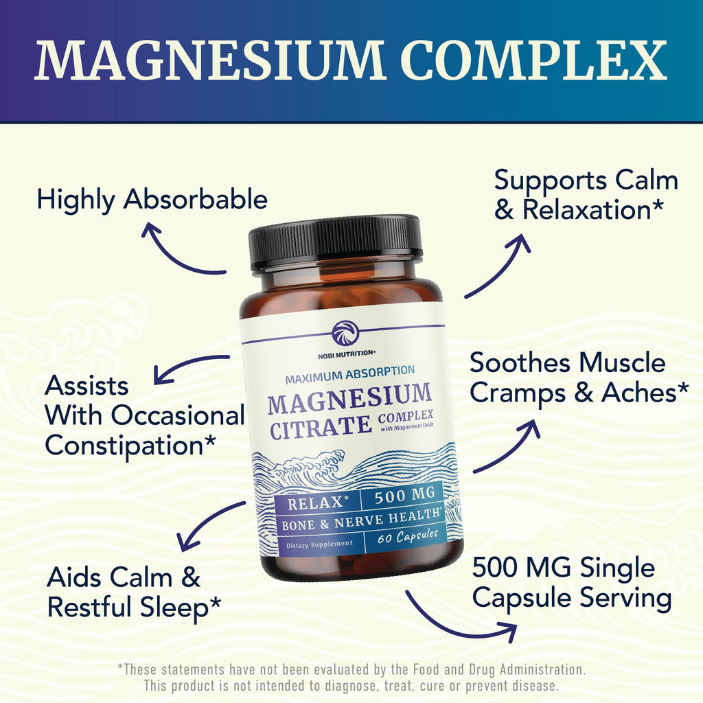 Magnesium Citrate Complex 500 MG for Calm & Relaxation | High Absorption Magnesium Supplement | Citrato de Magnesio | Constipation & Digestion Support Non-GMO Soy-Free | 60 Mag Citrate Capsules