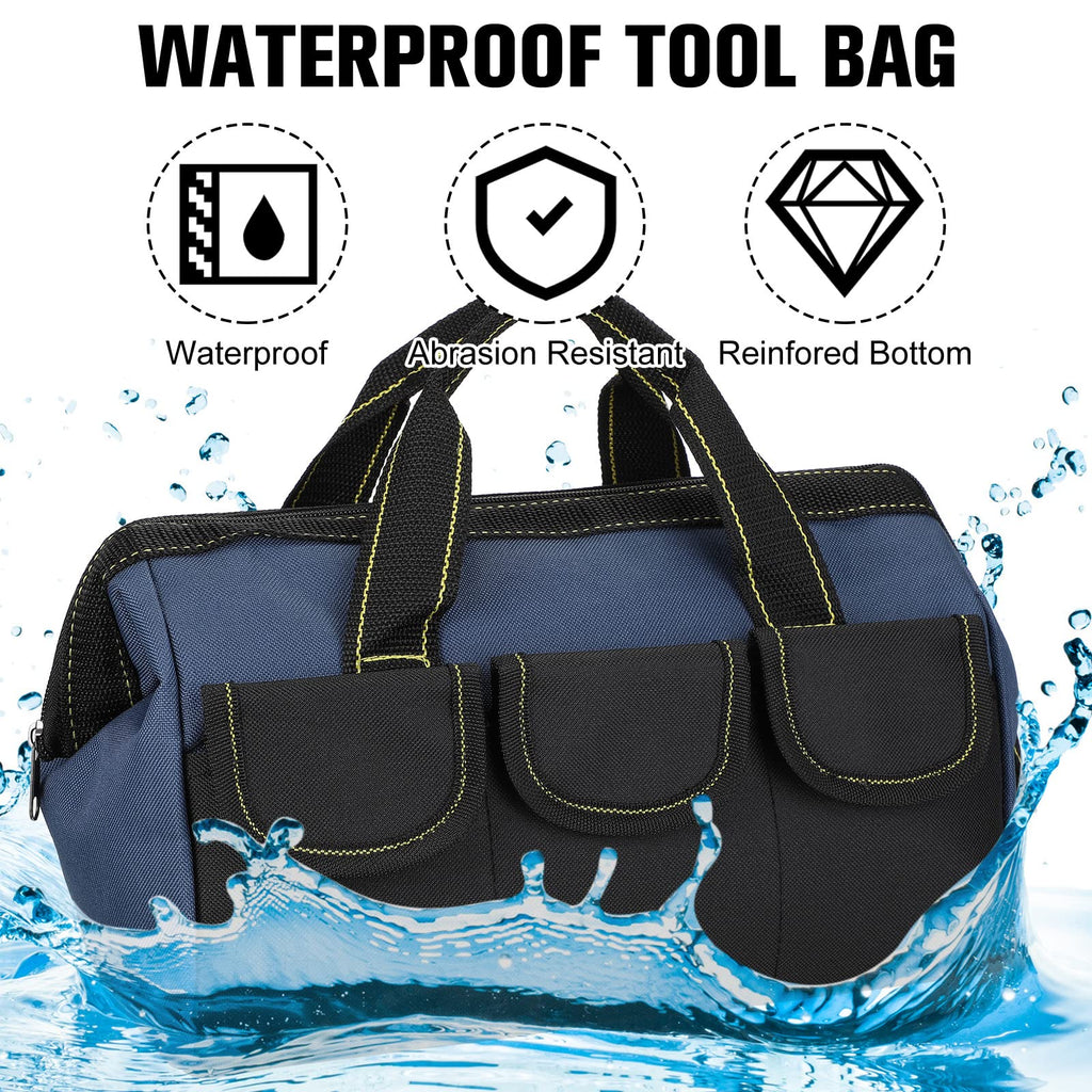 Sanwuta 3 Pack Tool Bag for Men with Waterproof Hard Bottom, Heavy Duty Tool Bag Wide Mouth Tote for Various Instrument, Electrician Carpenter Mechanic(Blue, Red, Yellow,16 Inch,Classic)