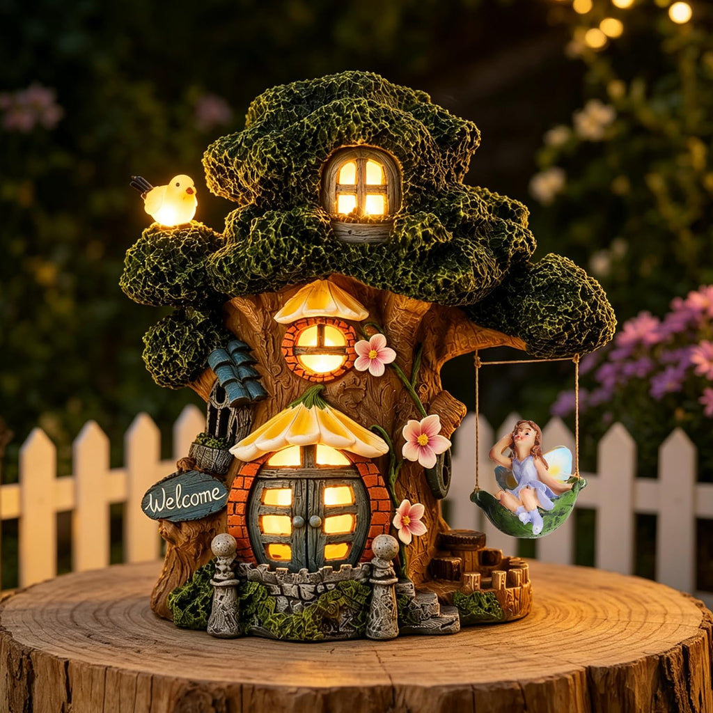 Fairy Garden House, Solar Fairy Houses for Outside, Tree Stump Cottage