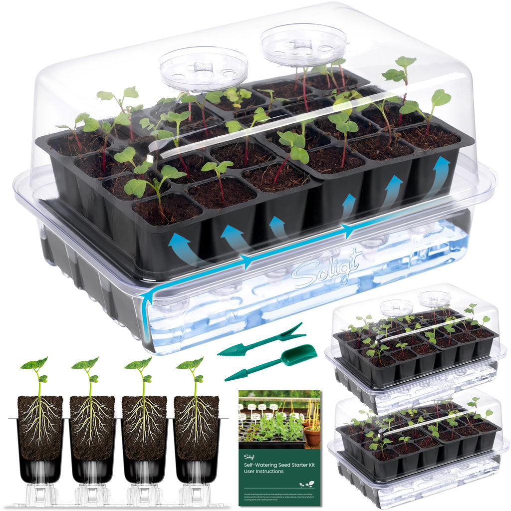 SOLIGT Self Watering Seed Starter Trays with Humidity Domes 3 Pack 72 Cells
