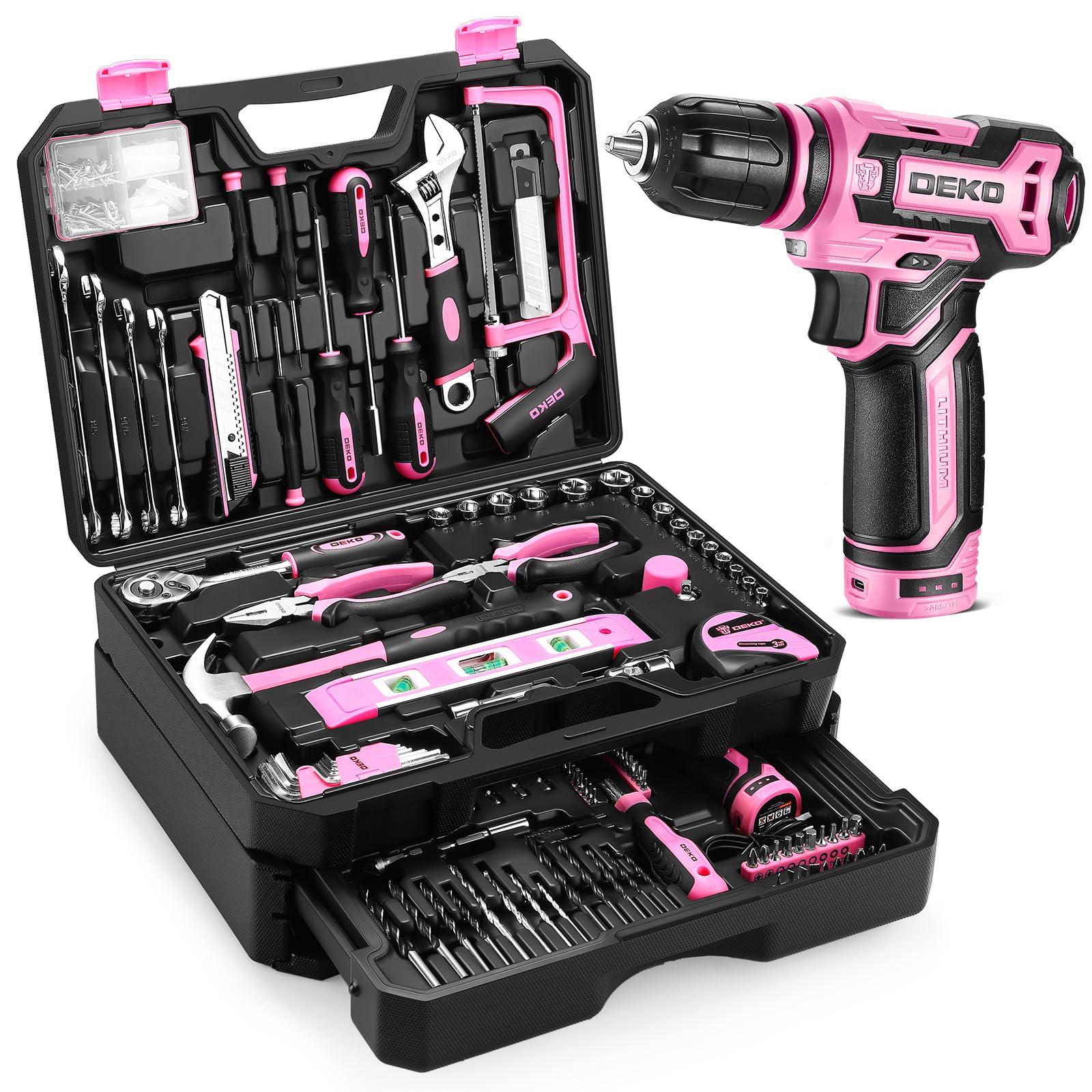 Pink Tool Kit Box Drill Set：DEKOPRO Home Mechanic Toolbox with 12V Power Cordless Drill Hand Repair Tools Sets Combo Kits Storage Organizer Drawer Case for Men & Women