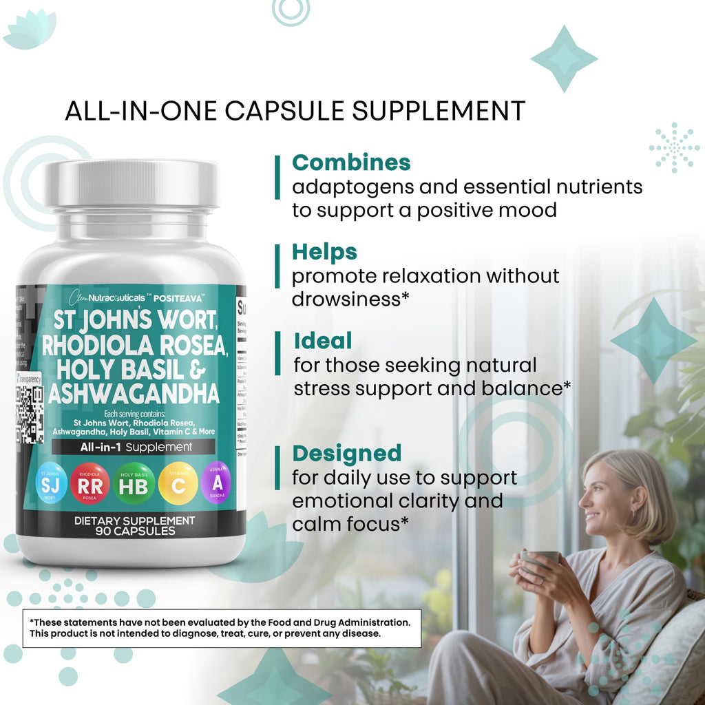 Clean Nutraceuticals St Johns Wort Rhodiola Rosea Holy Basil Ashwagandha - Mood Support for Women and Men with Vitamin C & Black Pepper Extract - 90 Caps
